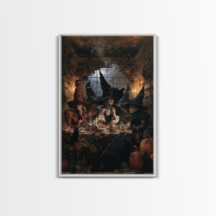 The Witches' Tea Party, Antique Gothic Portrait, Vertical Wall Art, Canvas Print, Gothic Wall Decor, Halloween Portrait Art