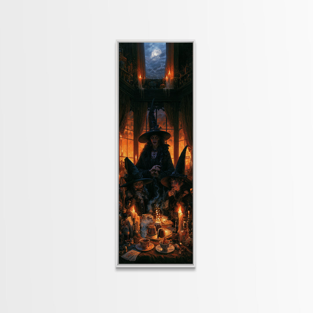 The Witches' Tea Party, Antique Gothic Portrait, Tall Narrow Wall Art, Canvas Print, Gothic Wall Decor, Halloween Portrait Art