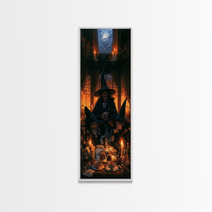 The Witches' Tea Party, Antique Gothic Portrait, Tall Narrow Wall Art, Canvas Print, Gothic Wall Decor, Halloween Portrait Art