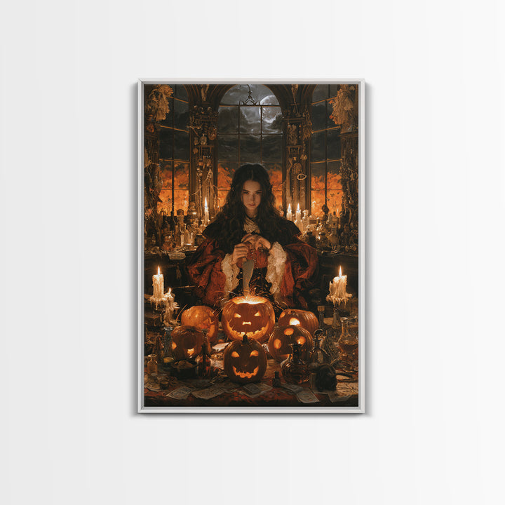 The Pumpkin-Carving Ritual, Victorian Gothic Art, Vertical Wall Art, Canvas Print, Gothic Wall Decor, Halloween Portrait Art