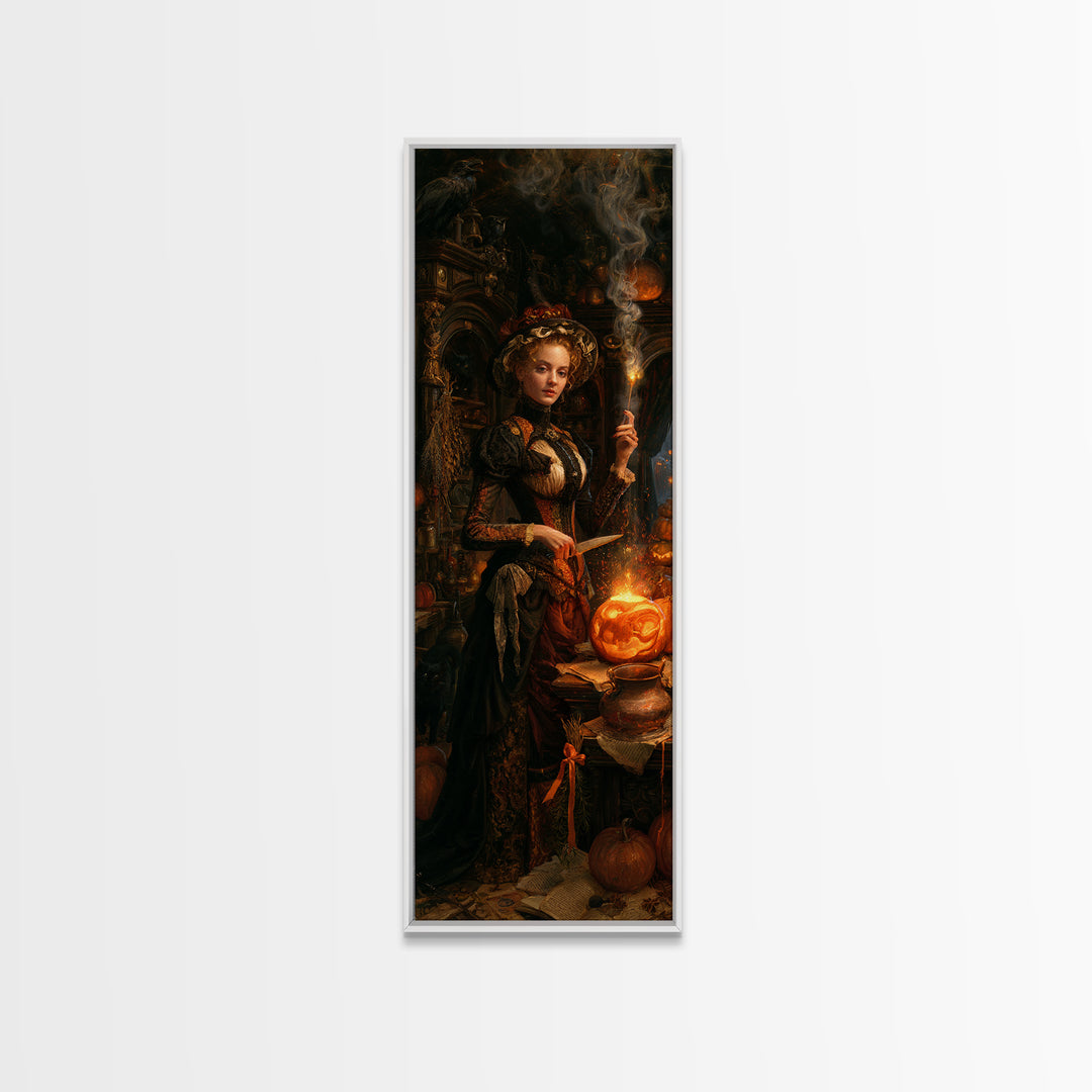 The Pumpkin-Carving Ritual, Victorian Horror Portrait, Tall Narrow Wall Art, Framed Canvas Print, Gothic Wall Decor, Halloween Portrait Art