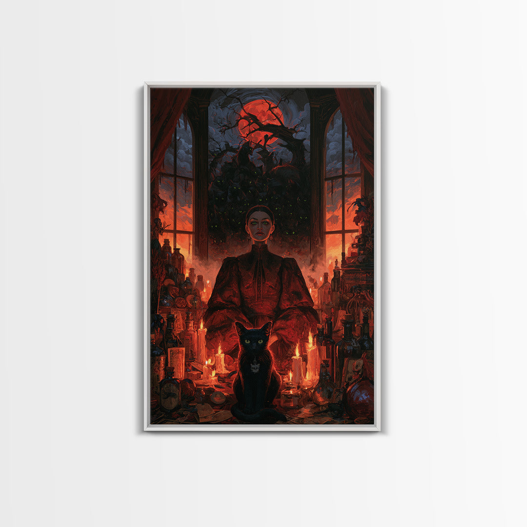 The Black Cat Gathering, Macabre Victorian Decor, Vertical Wall Art, Framed Canvas Print, Gothic Wall Decor, Halloween Portrait Art