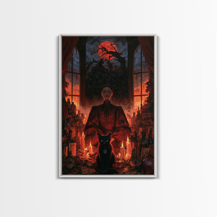 The Black Cat Gathering, Macabre Victorian Decor, Vertical Wall Art, Framed Canvas Print, Gothic Wall Decor, Halloween Portrait Art