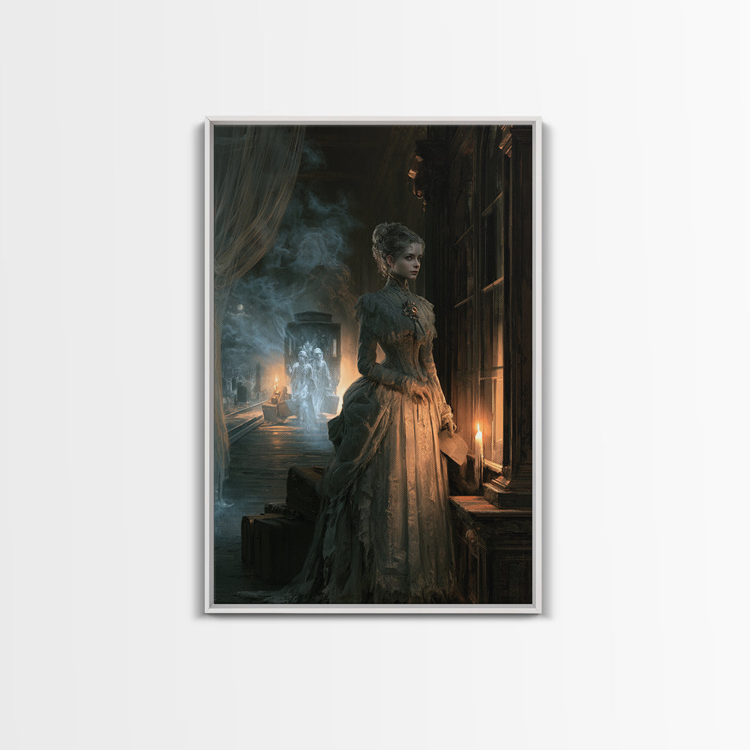 The Ghost Train Arrival, Antique Gothic Portrait, Vertical Wall Art, Framed Canvas Print, Gothic Wall Decor, Halloween Portrait Art