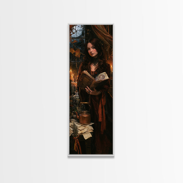 The Living Spellbook, Antique Gothic Portrait, Tall Narrow Wall Art, Canvas Print, Gothic Wall Decor, Halloween Portrait Art