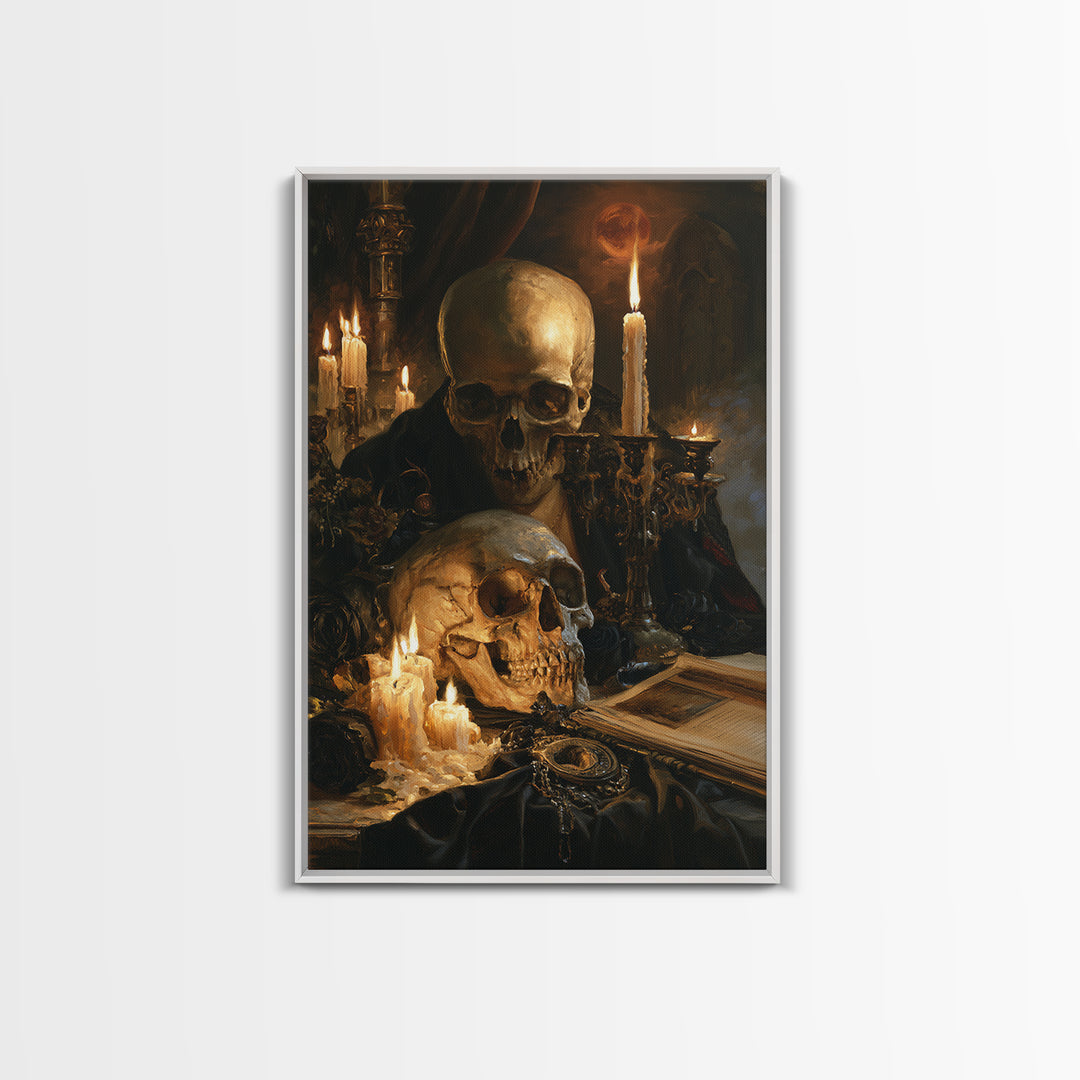 The Talking Skull, Dark Academia Wall Art, Vertical Wall Art, Framed Canvas Print, Gothic Wall Decor, Halloween Portrait Art