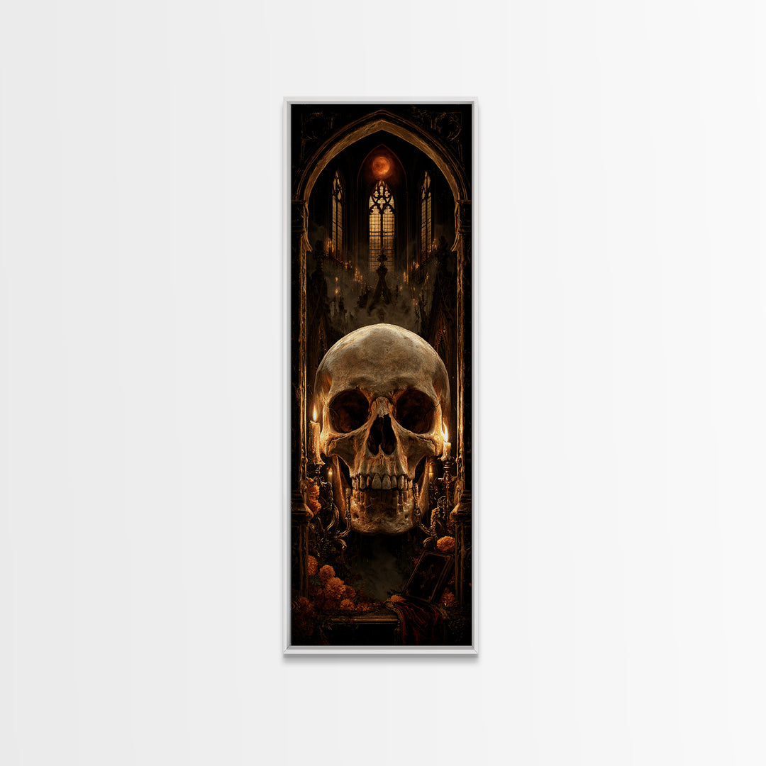 The Talking Skull, Dark Academia Wall Art, Tall Narrow Wall Art, Framed Canvas Print, Gothic Wall Decor, Halloween Portrait Art