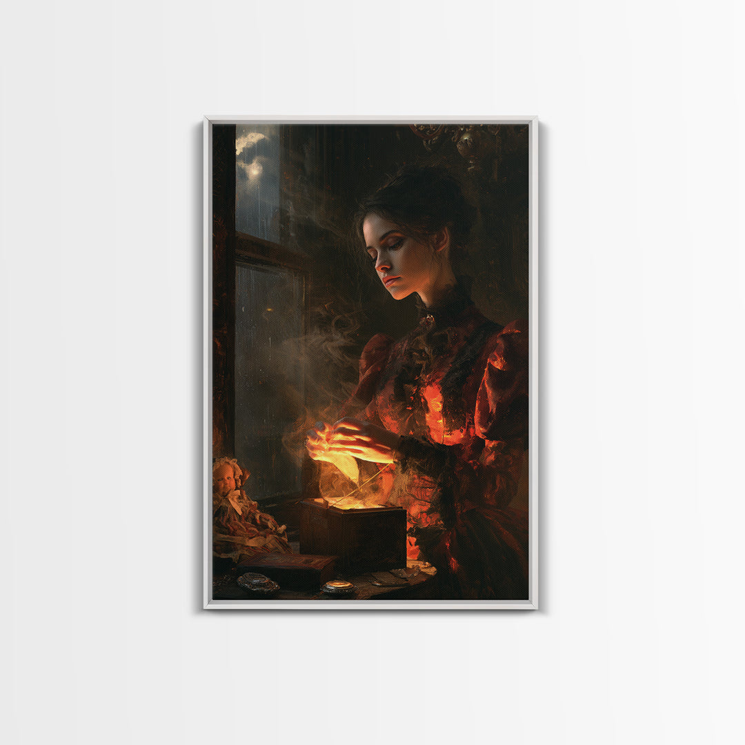 The Haunted Music Box, Victorian Horror Portrait, Vertical Wall Art, Framed Canvas Print, Gothic Wall Decor, Halloween Portrait Art