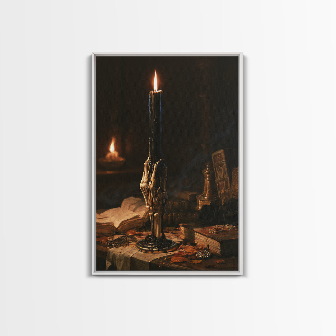 The Skeletal Hand Candleholder, Victorian Horror Portrait, Vertical Wall Art, Canvas Print, Gothic Wall Decor, Halloween Portrait Art