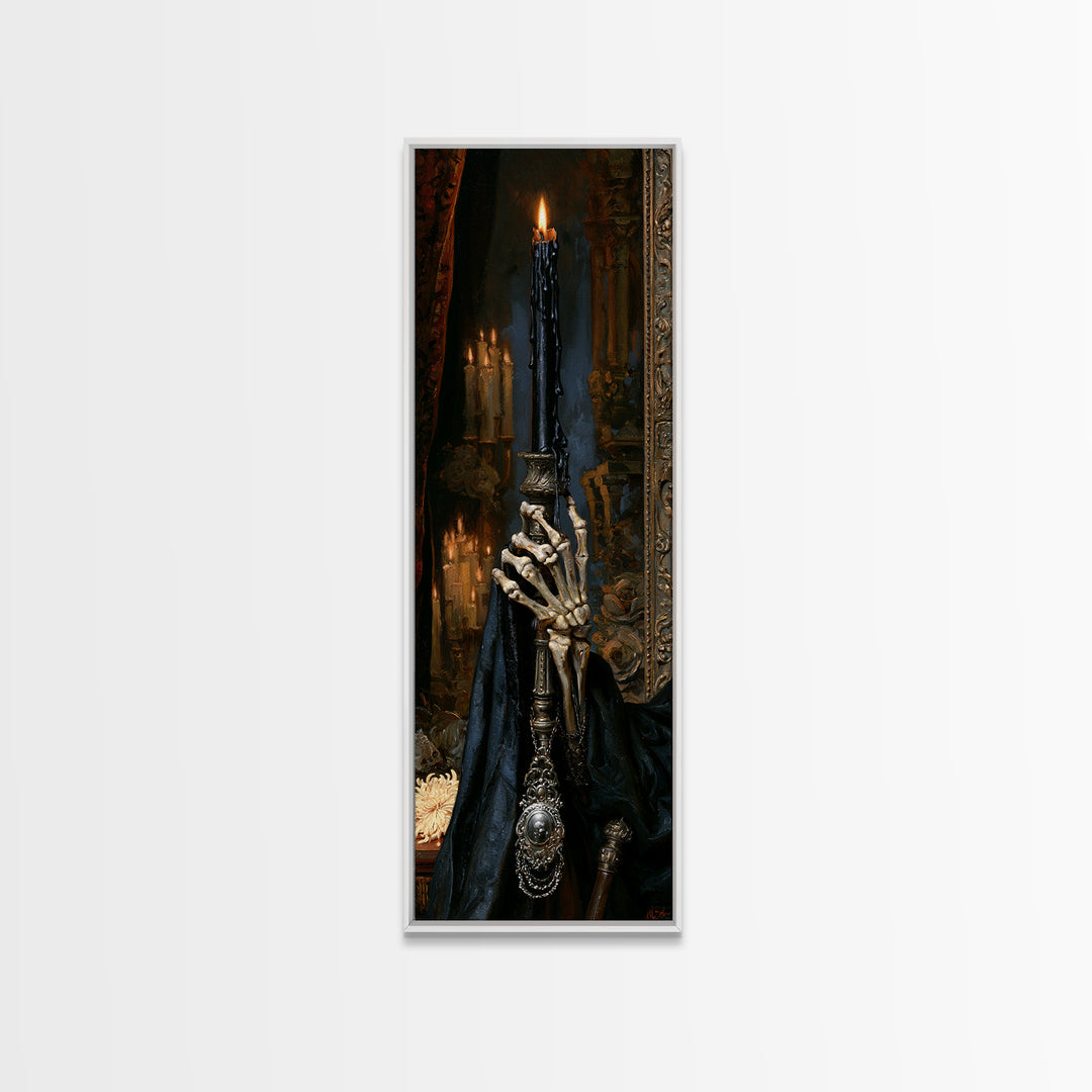 The Skeletal Hand Candleholder, Victorian Horror Portrait, Tall Narrow Wall Art, Framed Canvas Print, Gothic Wall Decor, Macabre Wall Art