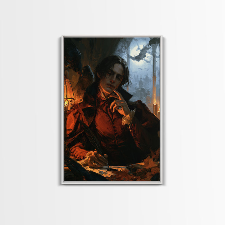 The Raven-Feather Quill, Dark Academia Wall Art, Vertical Wall Art, Canvas Print, Gothic Wall Decor, Halloween Portrait Art, Horror Wall Art