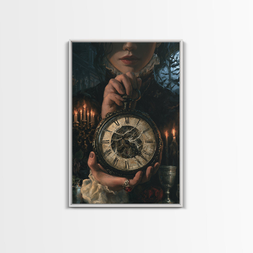 The Cursed Pocket Watch, Victorian Horror Portrait, Vertical Wall Art, Framed Canvas Print, Gothic Wall Decor, Halloween Portrait Art