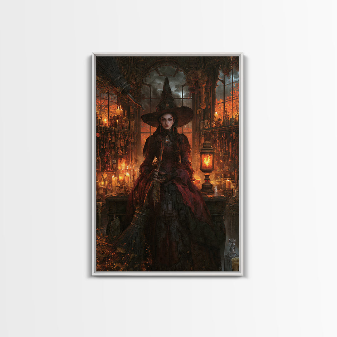 The Witch'S Broom, Dark Academia Wall Art, Vertical Wall Art, Framed Canvas Print, Gothic Wall Decor, Halloween Portrait Art