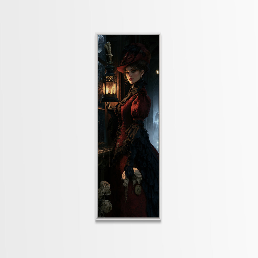 The Bone-Handled Lantern, Victorian Horror Portrait, Tall Narrow Wall Art, Framed Canvas Print, Gothic Wall Decor, Halloween Portrait Art
