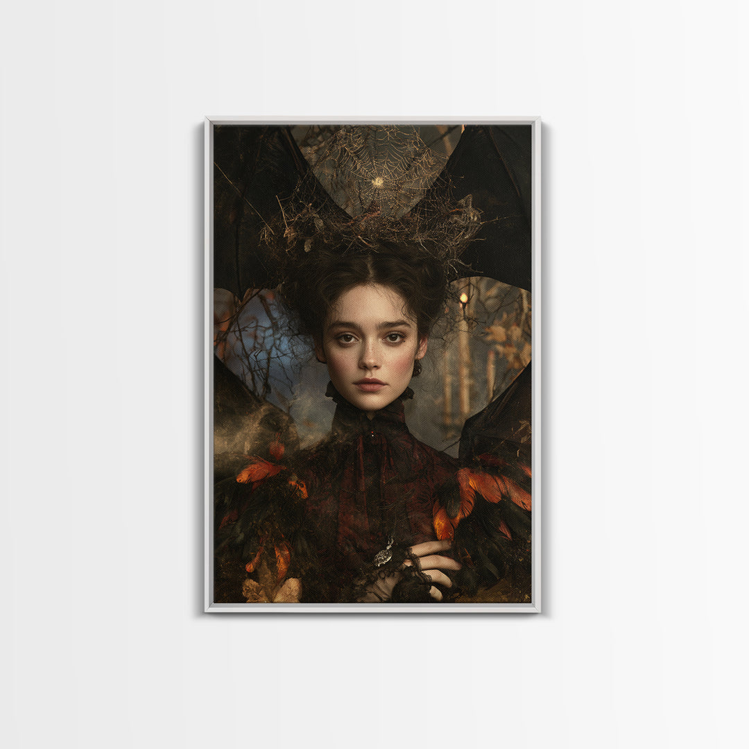 The Spiderweb Crown, Antique Gothic Portrait, Vertical Wall Art, Canvas Print, Gothic Wall Decor, Halloween Portrait Art, Macabre Wall Art