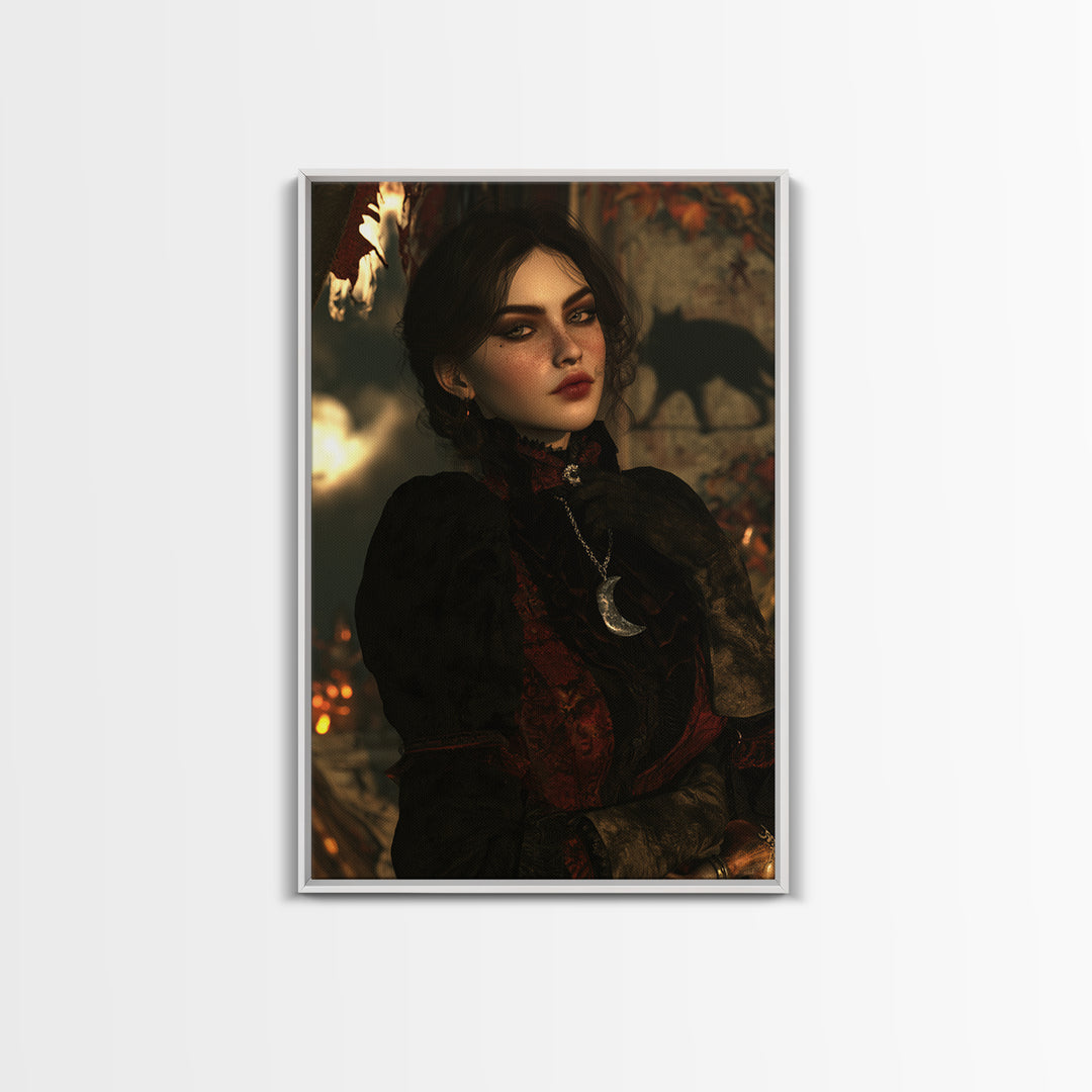 The Moonstone Amulet, Victorian Horror Portrait, Vertical Wall Art, Framed Canvas Print, Gothic Wall Decor, Halloween Portrait Art