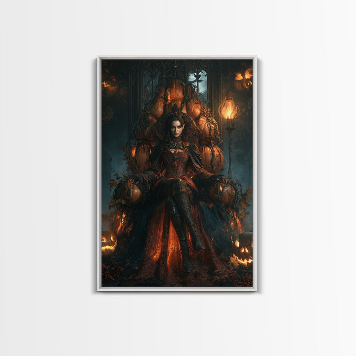 The Jack-O'-Lantern Throne, Victorian Horror Portrait, Vertical Wall Art, Framed Canvas Print, Gothic Wall Decor, Halloween Portrait Art