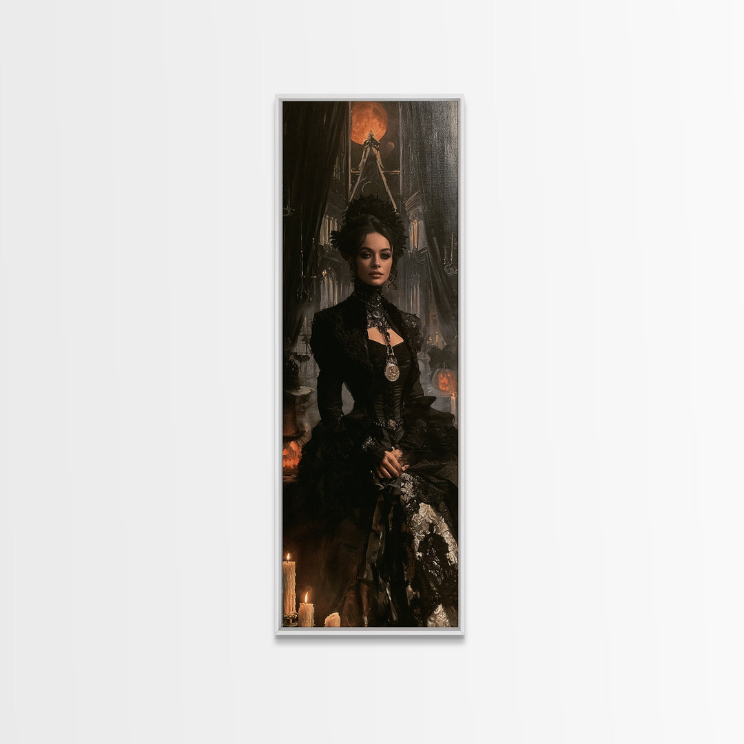 Monochrome Gothic Halloween, Victorian Gothic Art, Tall Narrow Wall Art, Canvas Print, Gothic Wall Decor, Halloween Portrait Art
