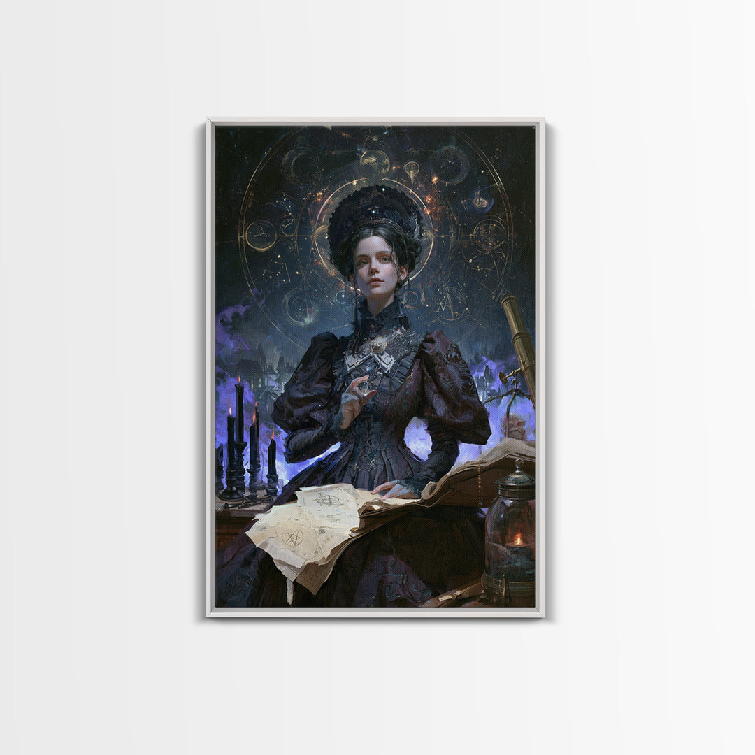 Celestial Witchcraft, Victorian Horror Portrait, Vertical Wall Art, Framed Canvas Print, Gothic Wall Decor, Halloween Portrait Art