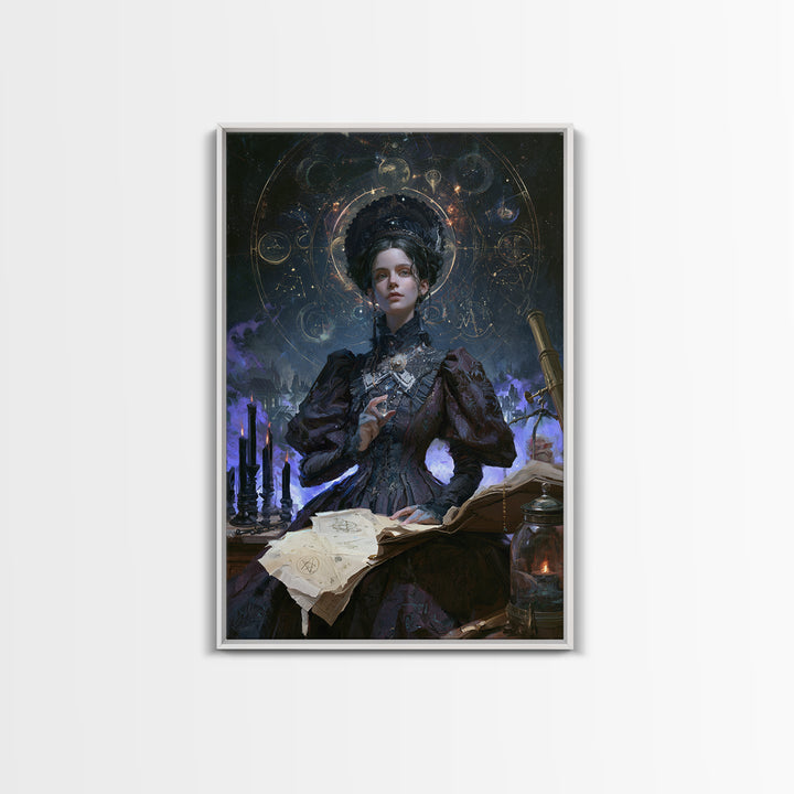 Celestial Witchcraft, Victorian Horror Portrait, Vertical Wall Art, Framed Canvas Print, Gothic Wall Decor, Halloween Portrait Art