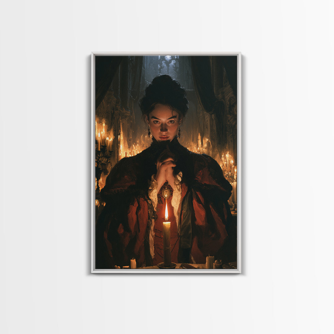The Candlelit Crypt, Victorian Horror Portrait, Vertical Wall Art, Canvas Print, Gothic Wall Decor, Halloween Portrait Art