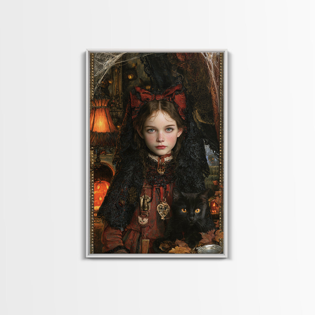 Black Lace And Cobwebs, Antique Gothic Portrait, Vertical Wall Art, Framed Canvas Print, Gothic Wall Decor, Halloween Portrait Art