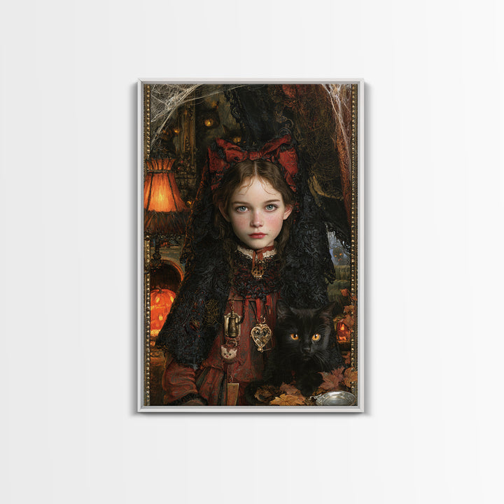 Black Lace And Cobwebs, Antique Gothic Portrait, Vertical Wall Art, Framed Canvas Print, Gothic Wall Decor, Halloween Portrait Art