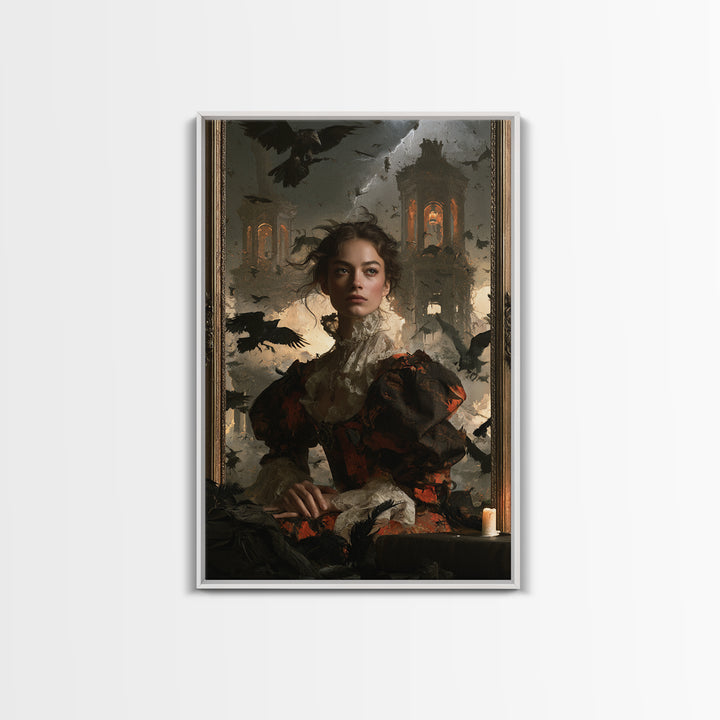 Ravens And Ruins, Victorian Gothic Art, Vertical Wall Art, Framed Canvas Print, Gothic Wall Decor, Halloween Portrait Art