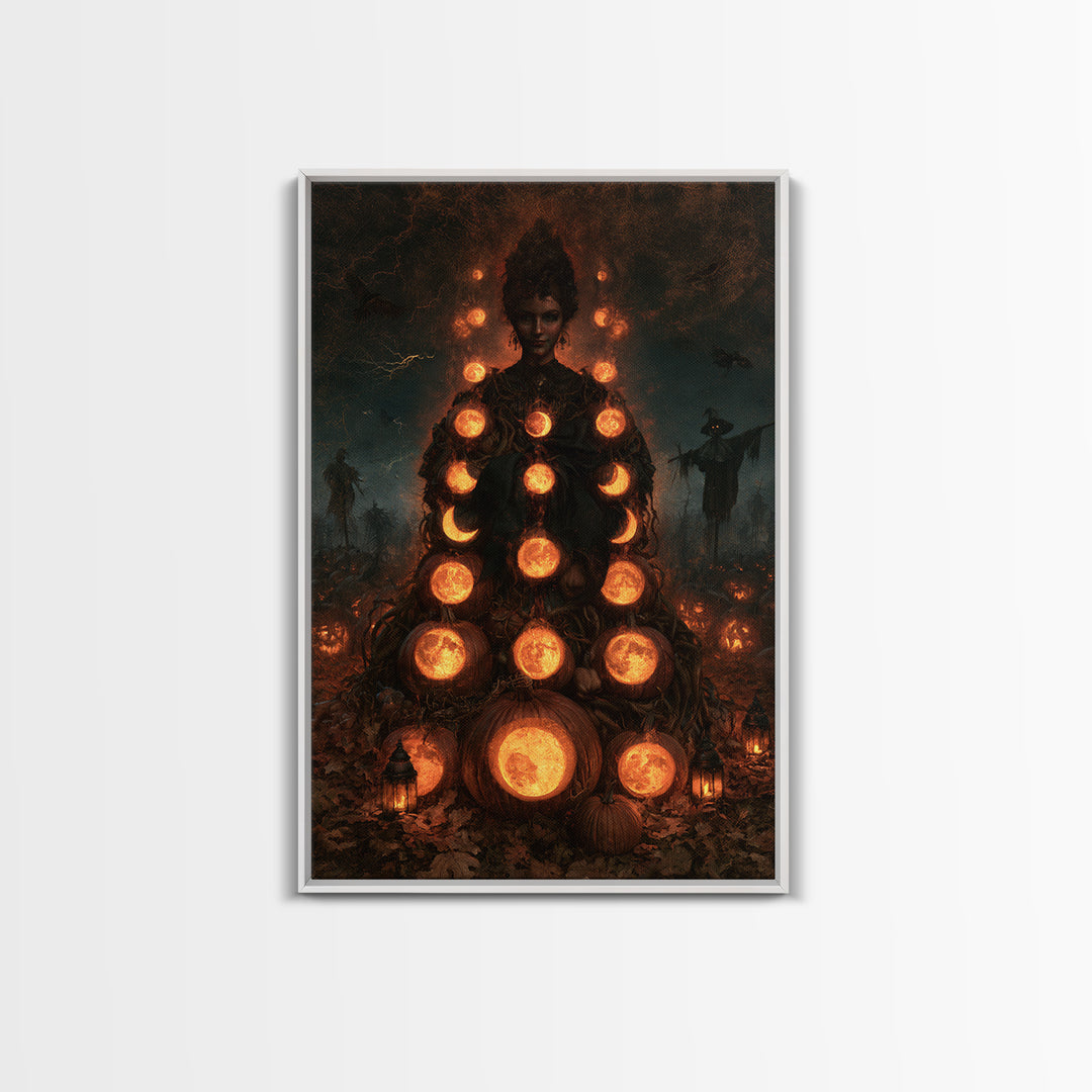 Pumpkins And Moon Phases, Victorian Horror Portrait, Vertical Wall Art, Canvas Print, Gothic Wall Decor, Halloween Portrait Art