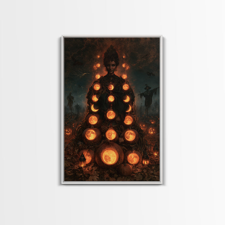 Pumpkins And Moon Phases, Victorian Horror Portrait, Vertical Wall Art, Canvas Print, Gothic Wall Decor, Halloween Portrait Art