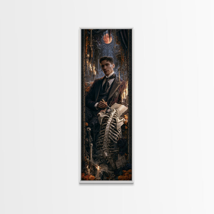 The Bone Sculptor, Macabre Victorian Decor, Tall Narrow Wall Art, Framed Canvas Print, Gothic Wall Decor, Halloween Portrait Art