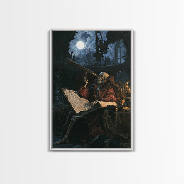 The Skull Astronomer, Victorian Horror Portrait, Vertical Wall Art, Framed Canvas Print, Gothic Wall Decor, Halloween Portrait Art
