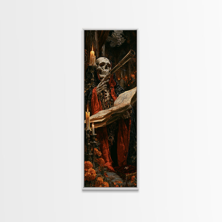 The Skull Astronomer, Victorian Gothic Art, Tall Narrow Wall Art, Canvas Print, Gothic Wall Decor, Halloween Portrait Art, Spooky Wall Decor
