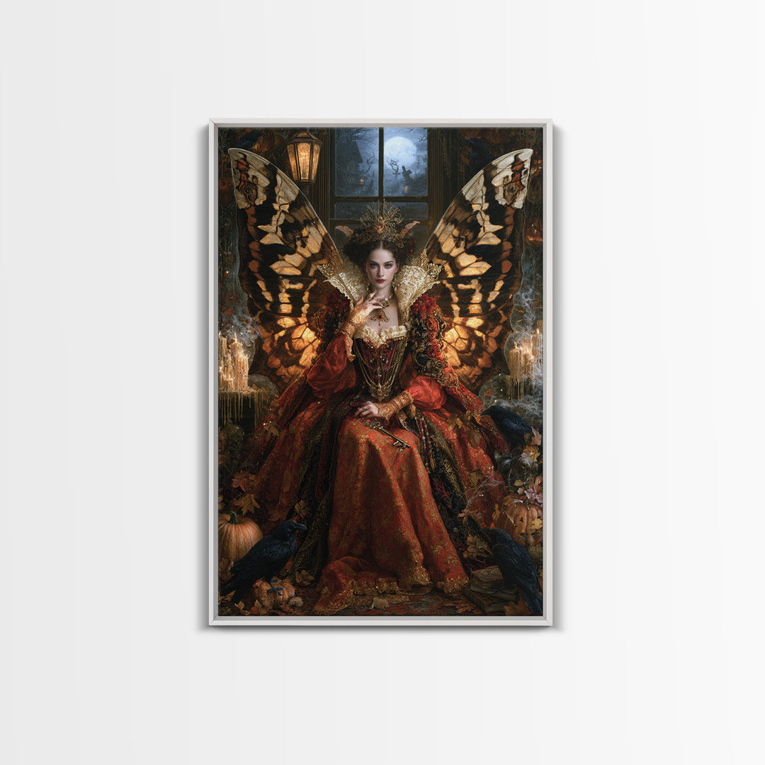 The Moth-Winged Empress, Antique Gothic Portrait, Vertical Wall Art, Framed Canvas Print, Gothic Wall Decor, Halloween Portrait Art