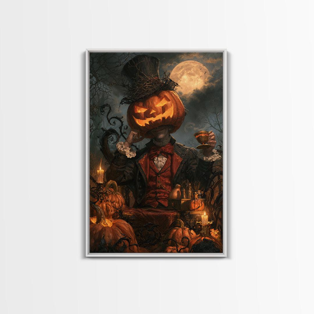 The Pumpkin-Headed Tea Merchant, Victorian Gothic Art, Vertical Wall Art, Framed Canvas Print, Gothic Wall Decor, Halloween Portrait Art