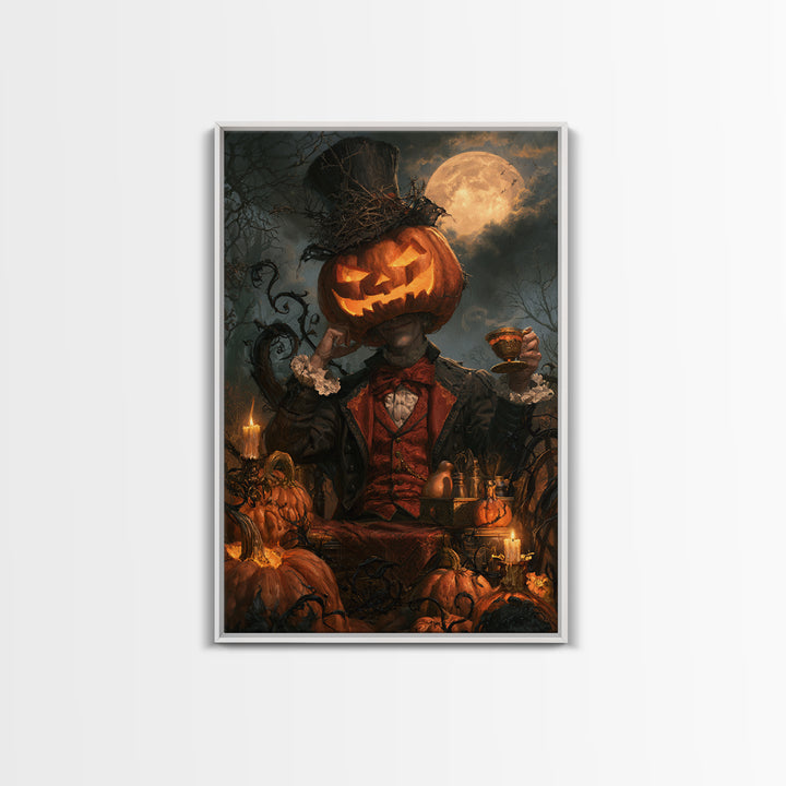 The Pumpkin-Headed Tea Merchant, Victorian Gothic Art, Vertical Wall Art, Framed Canvas Print, Gothic Wall Decor, Halloween Portrait Art