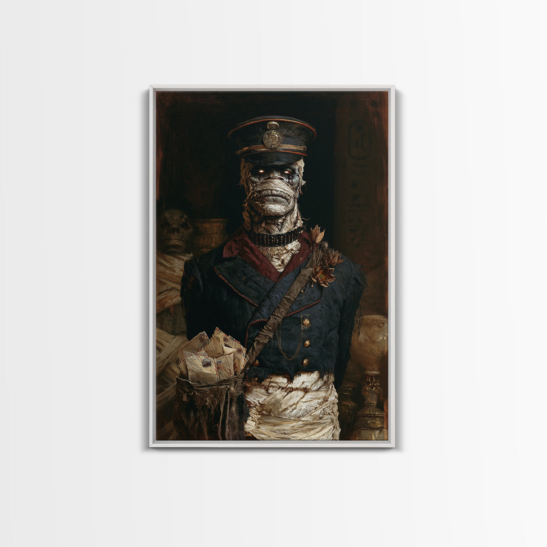 The Mummy Mail Carrier, Dark Academia Wall Art, Vertical Wall Art, Framed Canvas Print, Gothic Wall Decor, Halloween Portrait Art