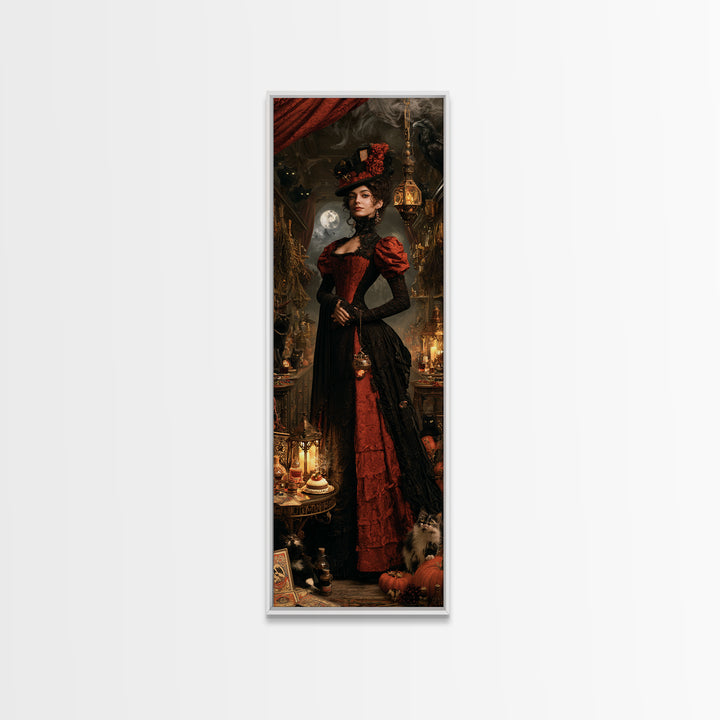 The Witch'S Cat Cafe, Dark Academia Wall Art, Tall Narrow Wall Art, Canvas Print, Gothic Wall Decor, Halloween Portrait Art, Halloween Decor