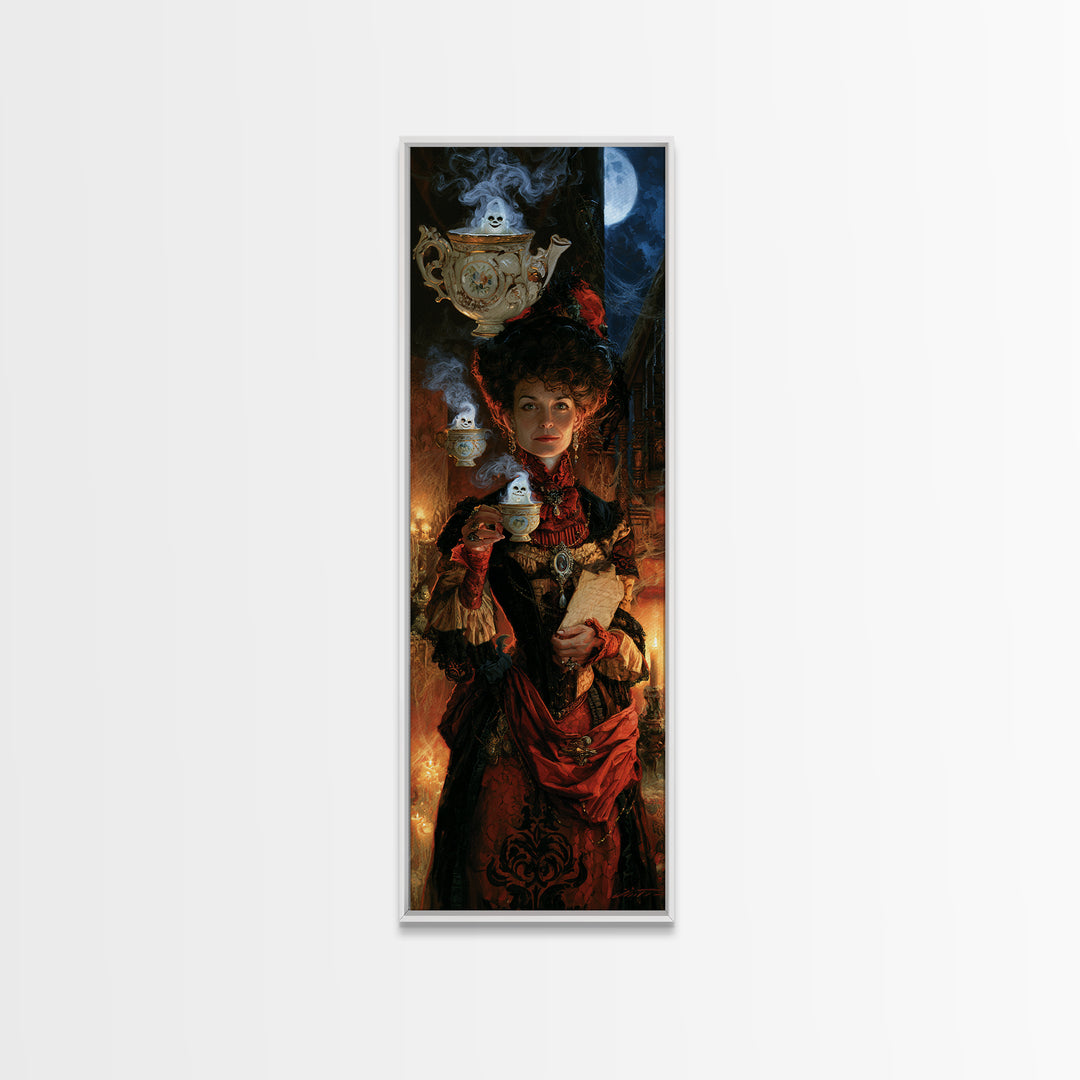 Tiny Ghosts In Teacups, Antique Gothic Portrait, Tall Narrow Wall Art, Canvas Print, Gothic Wall Decor, Halloween Portrait Art