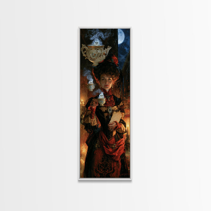 Tiny Ghosts In Teacups, Antique Gothic Portrait, Tall Narrow Wall Art, Canvas Print, Gothic Wall Decor, Halloween Portrait Art
