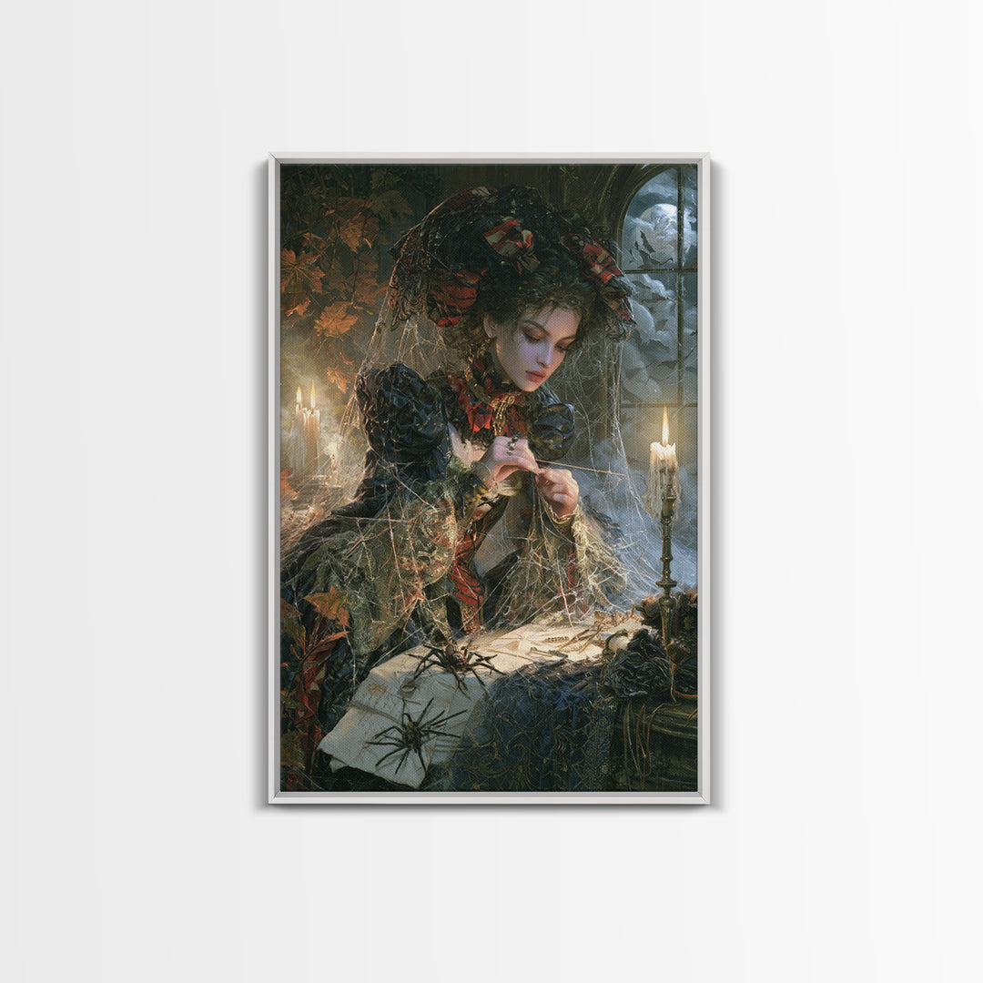 The Spider Sewing Circle, Victorian Horror Portrait, Vertical Wall Art, Framed Canvas Print, Gothic Wall Decor, Halloween Portrait Art