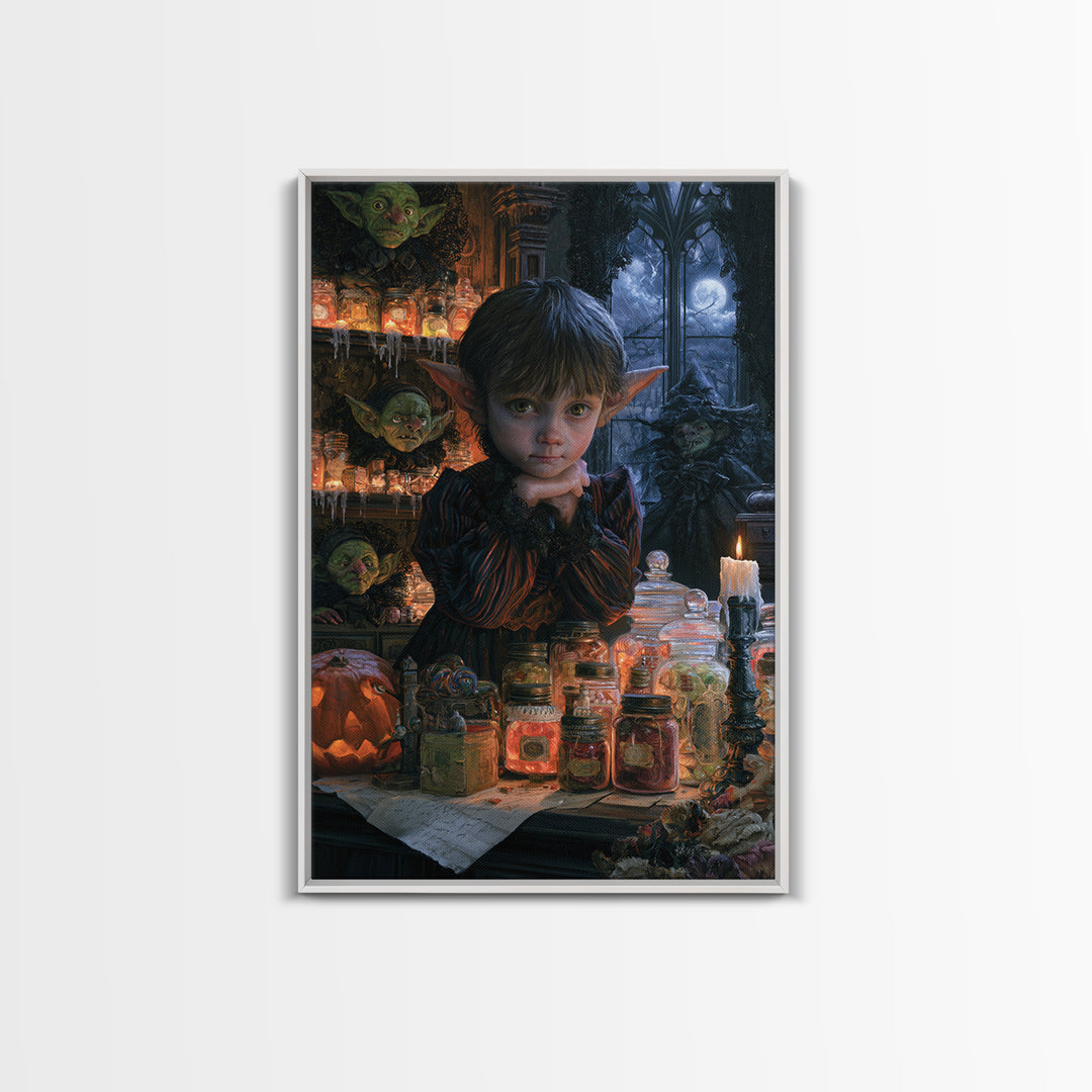The Goblin Candy Shop, Dark Academia Wall Art, Vertical Wall Art, Framed Canvas Print, Gothic Wall Decor, Halloween Portrait Art