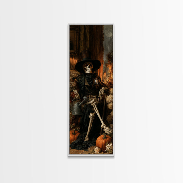 The Skeleton Gardeners, Dark Academia Wall Art, Tall Narrow Wall Art, Framed Canvas Print, Gothic Wall Decor, Halloween Portrait Art