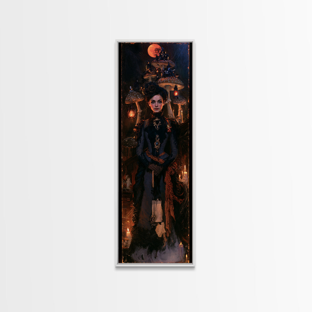 The Moonlit Mushroom Village, Macabre Victorian Decor, Tall Narrow Wall Art, Framed Canvas Print, Gothic Wall Decor, Halloween Portrait Art