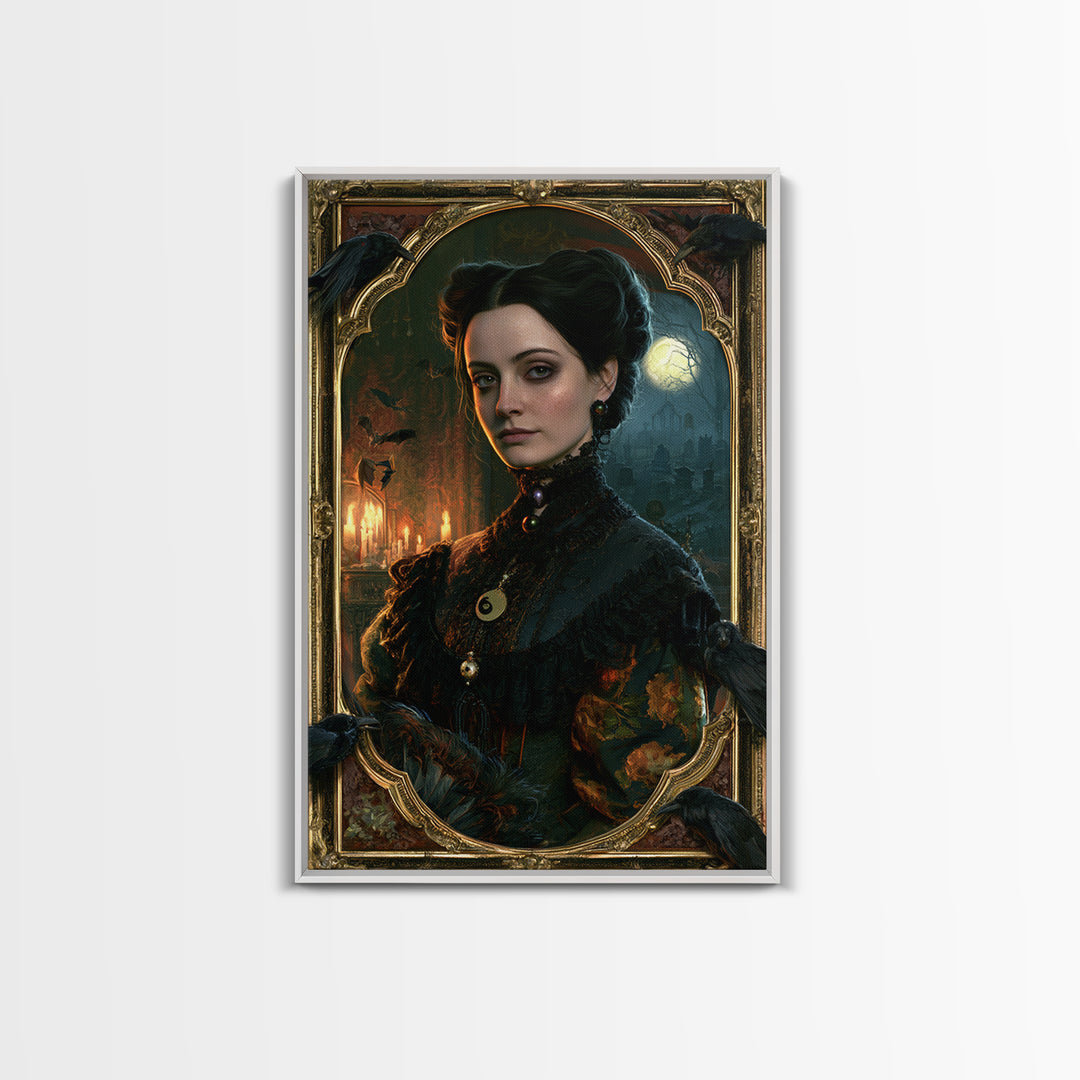 The Raven Post Office, Victorian Horror Portrait, Vertical Wall Art, Framed Canvas Print, Gothic Wall Decor, Halloween Portrait Art