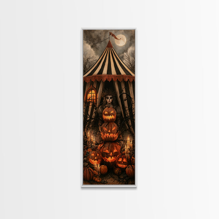 The Jack-O'-Lantern Circus, Macabre Victorian Decor, Tall Narrow Wall Art, Framed Canvas Print, Gothic Wall Decor, Halloween Portrait Art