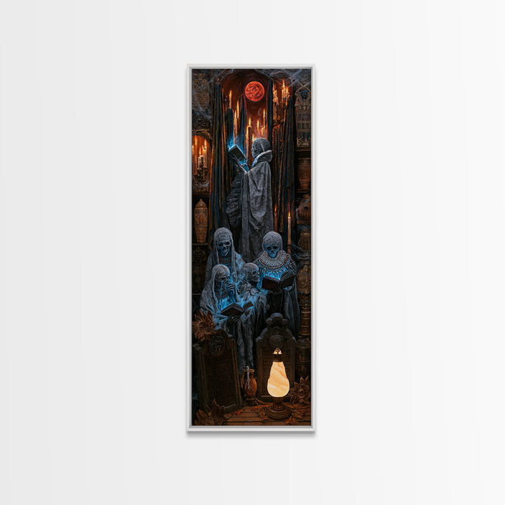 The Graveyard Book Club, Antique Gothic Portrait, Tall Narrow Wall Art, Framed Canvas Print, Gothic Wall Decor, Halloween Portrait Art