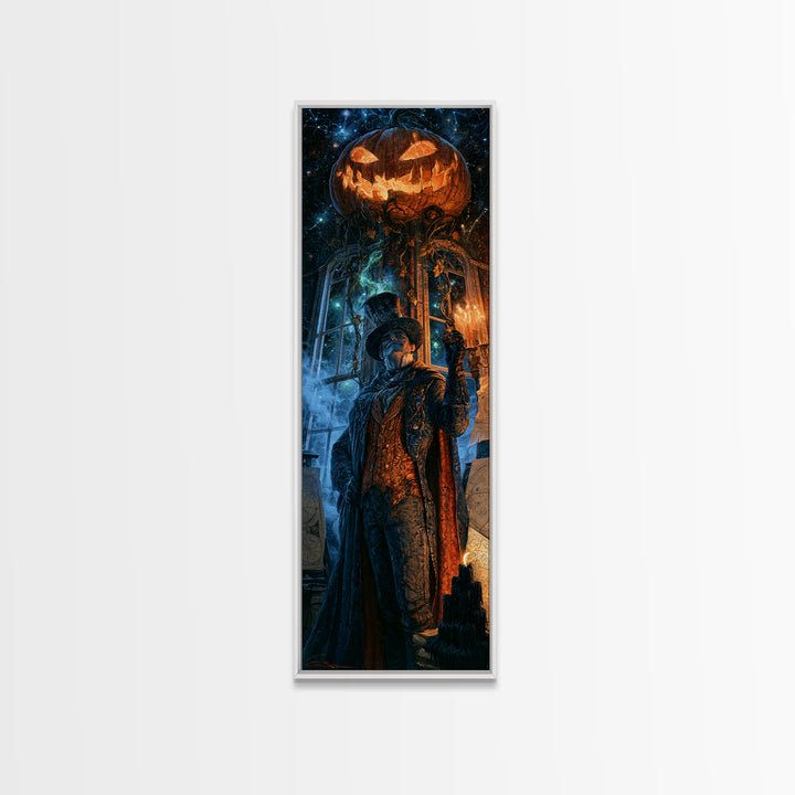The Cosmic Pumpkin God, Victorian Gothic Art, Tall Narrow Wall Art, Framed Canvas Print, Gothic Wall Decor, Halloween Portrait Art