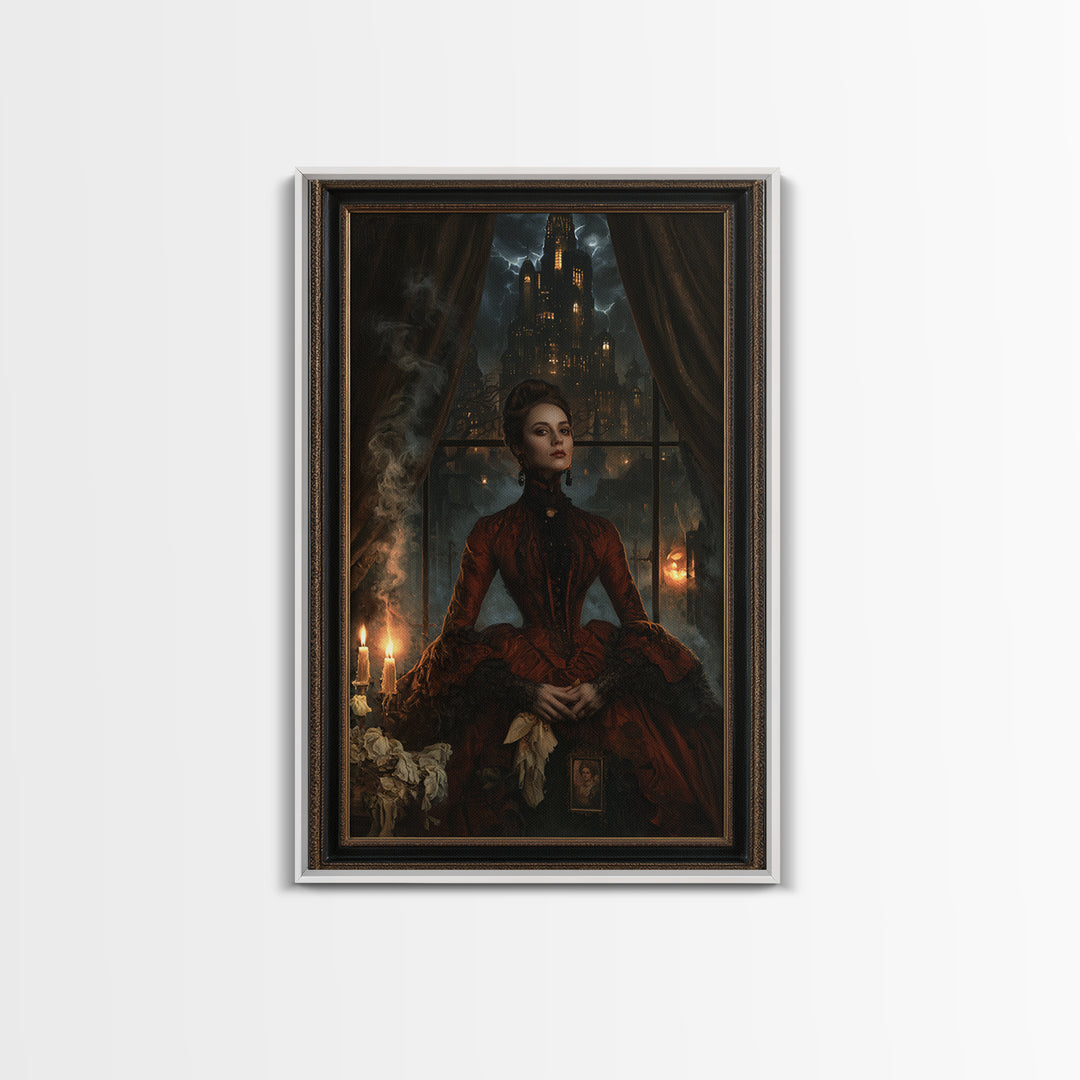 The Haunted City Skyline, Victorian Gothic Art, Vertical Wall Art, Framed Canvas Print, Gothic Wall Decor, Halloween Portrait Art