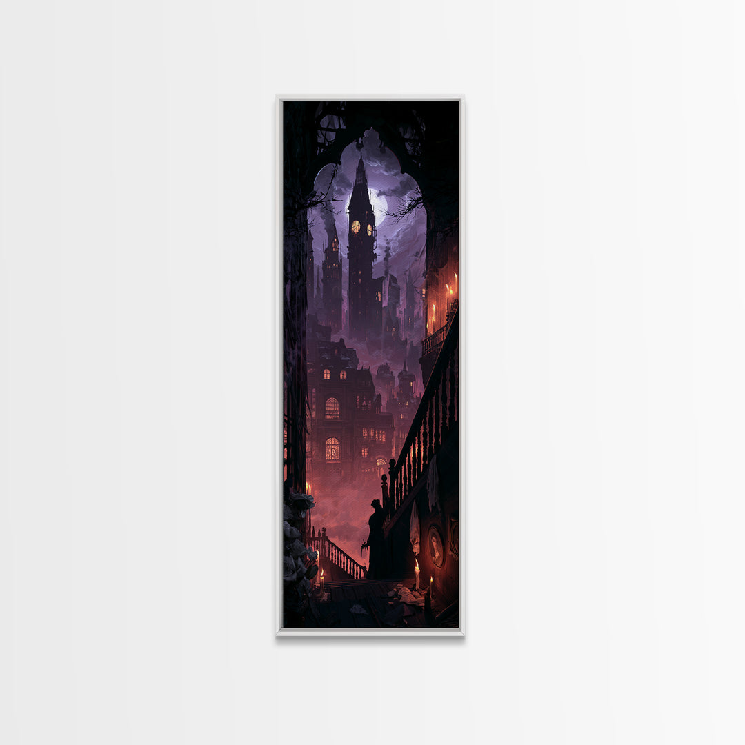 The Haunted City Skyline, Dark Academia Wall Art, Tall Narrow Wall Art, Framed Canvas Print, Gothic Wall Decor, Halloween Portrait Art